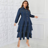 Plus Size Women Clothing Denim Long Sleeve Collared Cake Maxi Dress