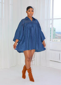 Women Elegant Loose Denim Row Pleated Stitching Women Clothing Dress