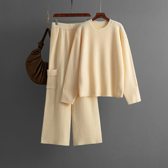 Round Neck Loose Knitting Set Women Autumn Winter Casual Wide Leg Pants Two Piece Set
