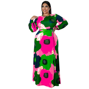 Plus Size Women Clothing Long Sleeve Dress Large Floral Printing Dress Long