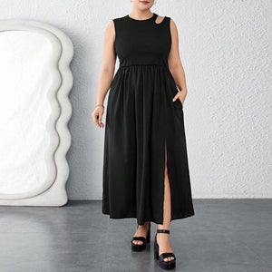 Plus Size Summer Round Neck Waist Trimming Split Maxi Dress Vest Sleeveless Stitching Dress