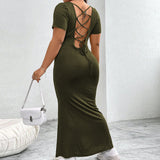 Plus Size Women U Neck Backless Design Dress Summer Simplicity Wind To Ankle Dress