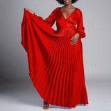 Women Clothing V neck Long Sleeve Pleated Dress plus Size Dress