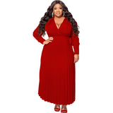 Plus Size Women Clothing V neck Lace up Long Sleeve Pleated Decoration Body Dress