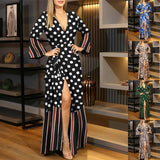 Autumn Winter Long Sleeve Tied V-neck Printed Dress Women Clothing Plus Size