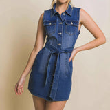Women Shirt Dress Sleeveless Lace up Full Cardigan Denim Midi Dress