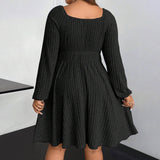 Plus Size Autumn Winter Women Clothing Square Collar Long Sleeve Waist Mini Fleece Sunken Stripe Dress