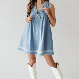 Summer Street Hipster V neck Sleeveless Embroidered Vest Denim Dress
