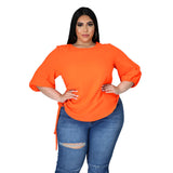 Plus Size Summer Solid Color round Neck Women Woman T shirt Irregular Asymmetric Medium Long Sleeve Top