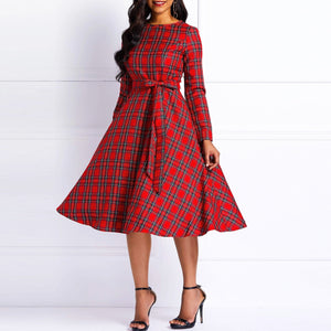 Plus Size Elegant Women Red Plaid Printed Dress Belt Midi Dress Women