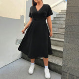 Plus Size Spring V Neck Slit Midi Dress Solid Color Slim Fit Office Short Sleeve Dress