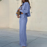 Women Clothing Striped Collared Long Sleeve Short Shirt Loose Wide Leg Pants Two Piece Set