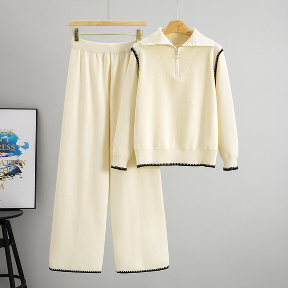Autumn Winter Casual Knitted Wide Leg Pants Women Half Zipper Two Piece Sets Sweater