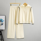 Autumn Winter Casual Knitted Wide Leg Pants Women Half Zipper Two Piece Sets Sweater