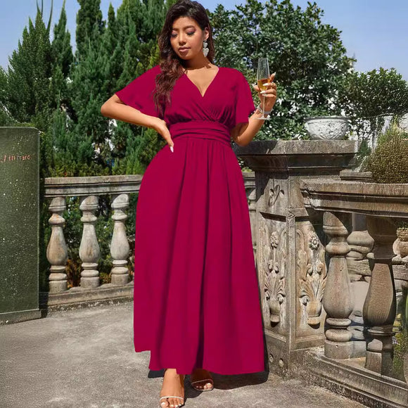 Plus Size Women V neck Dress Summer Slim Casual Vacation Beach Midi Dress