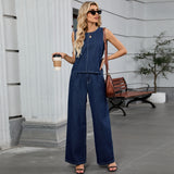 Women Clothing Autumn Washed Solid Color Denim Top Work Pant Sets