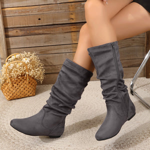 Leopard Print Flat Bottom Height Increasing ole Mid Calf Boots Women Retro round Toe Suede Boots
