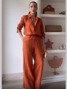 Solid Color Shirt Pocket Trousers Casual Lace up Two Piece Sets Women