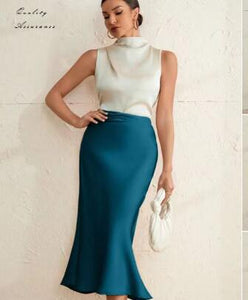 Spring Women Clothing Satin Slim Skirt Satin Solid Color Mid Length Sheath Fishtail Skirt
