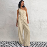 Spring Summer Cotton Linen Sleeveless Vest Irregular Asymmetric Collar Two Piece Set