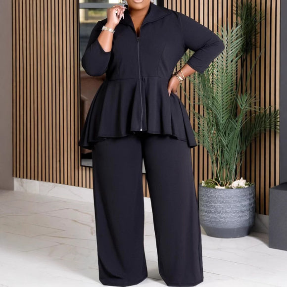 Women Office Long Sleeve Collared Zipper Top Wide Leg Pants Solid Color