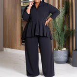 Women Office Long Sleeve Collared Zipper Top Wide Leg Pants Solid Color