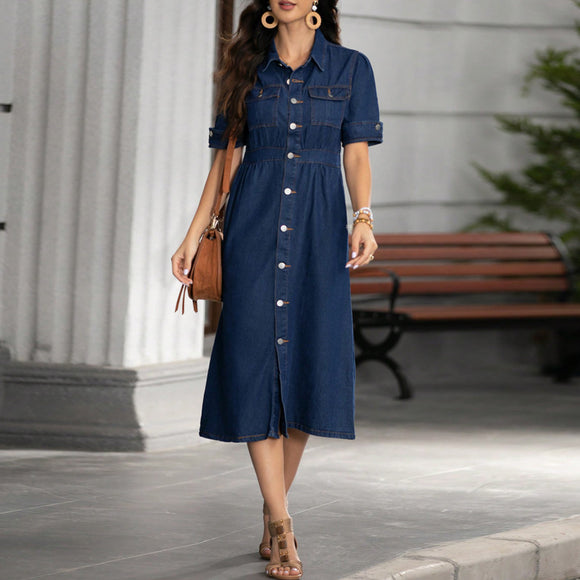Women Clothing Denim Collared Short Sleeve Cardigan Tight Waist Fit Dress