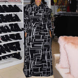 Plus Size Women Clothing Printed Shirt Collar Waist Tight Dress