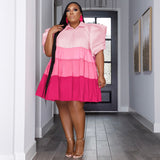 Plus Size Stitching Contrast Color Puff Sleeve Large Swing Women Clothing Dress