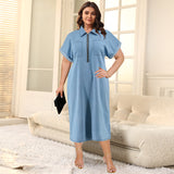 Plus Size Women Clothing Denim Collared Short Sleeve Zipper Mid Length Dress