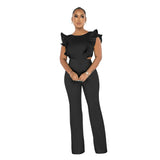 Women Clothing Summer Ruffled round Neck Solid Color Jumpsuit