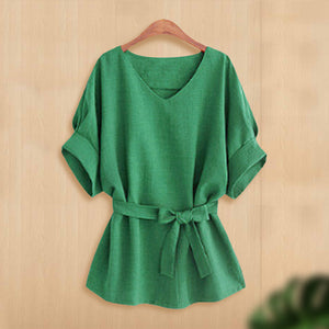 Plus Size Waist Drawstring Loose Batwing Sleeve Top V neck Short Sleeve Shirt