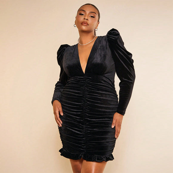 Plus Size Black Dress Spring Early Autumn French Slim Fit Sexy Sheath Long Sleeve Dress Women Clothing