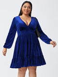 plus Size Fall Winter Women Clothing V neck Waist Controlled Slimming Long Sleeve Sexy Velvet Dress