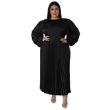 Plus Size Women Clothes Autumn Winter Popular Pleated Round Neck Maxi Dress Long Sleeve