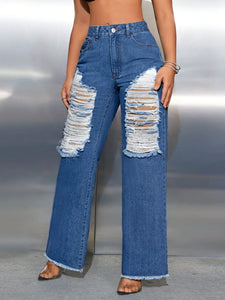 Women Clothing Casual Ripped Wide Leg Denim Trousers