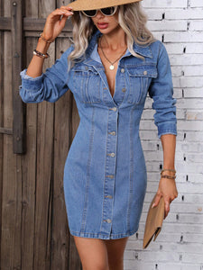 Retro Waist Controlled Slimming Long Sleeve Denim Non Elastic Dress Women