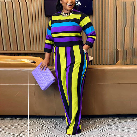 Plus Size Women Clothes Autumn round Neck Long Sleeve Striped Leggings