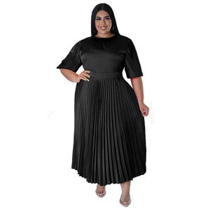 Plus Size Women Clothes Autumn Winter Popular Pleated round Neck Maxi Dress Short Sleeve