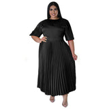 Plus Size Women Clothes Autumn Winter Popular Pleated round Neck Maxi Dress Short Sleeve