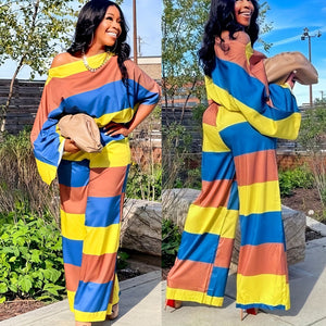 Plus Size Spring Autumn Women Loose Oversized Long Sleeves Suit Round Neck Printed Shoulder Two Piece Set