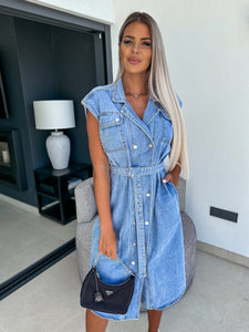 Women Clothing Casual Polo Collar Sleeveless Clinch Open Chest Waist Controlled Lace Up Denim Dress