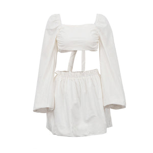 Spring Summer Suit Women  Clothing Lace up Tube Top Backless Top Pleated High Waist Short Skirt Two Piece Set