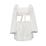 Spring Summer Suit Women  Clothing Lace up Tube Top Backless Top Pleated High Waist Short Skirt Two Piece Set