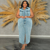 Plus Size Women Clothing Denim Sleeveless Split Collared Dress