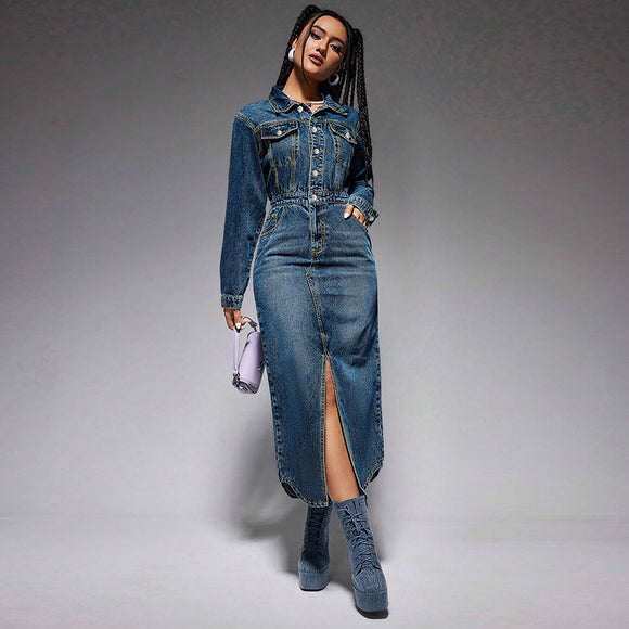 Women Clothing Collared Button Long Sleeve Split Denim Maxi Dress