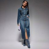 Women Clothing Collared Button Long Sleeve Split Denim Maxi Dress