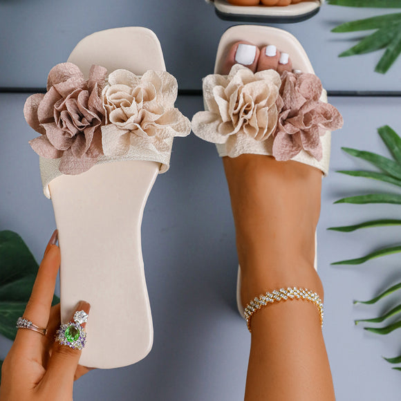 Plus Size Floral Flat Slippers Women Outdoor All Matching Square Toe Lightweight Beach Slippers