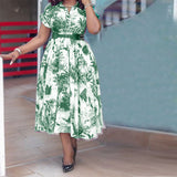Plus Size Women Printed Stand Collar Belt Dress