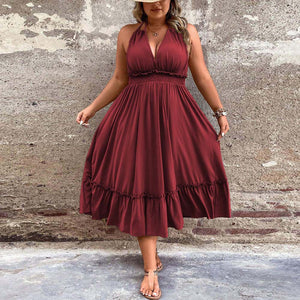 Plus Size Women Roman Vacation Dress Summer V neck Halter Midi Dress